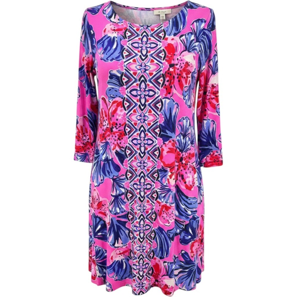 Lilly Pulitzer Dress Womens Large Pink Floral 3/4 Sleeve Scoop Neck Pull Over L